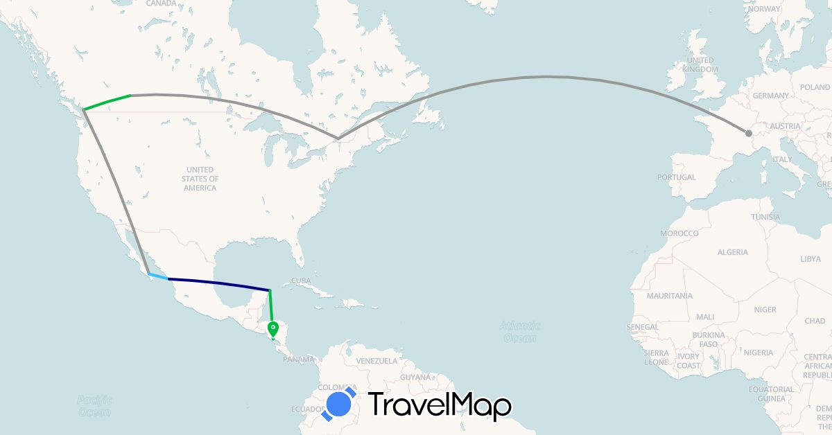 TravelMap itinerary: driving, bus, plane, boat in Canada, Switzerland, Mexico, Nicaragua (Europe, North America)